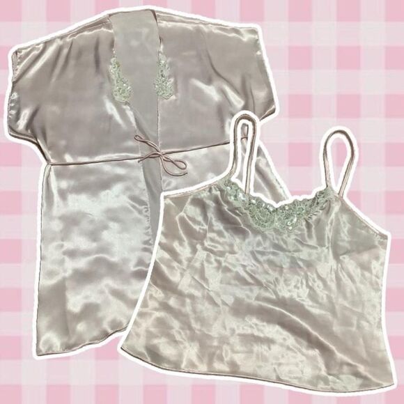 Vintage Princesscore Coquette Romantic Pink Lace Cami and Robe Sleep Set Medium - Picture 1 of 12